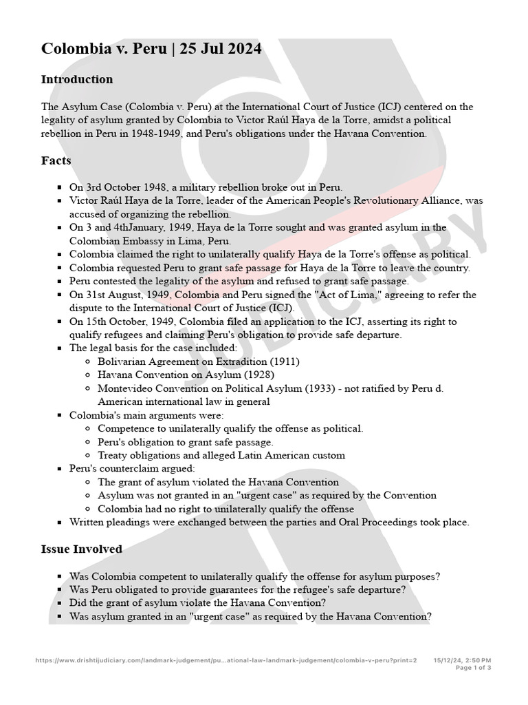 Colombia v. Peru Asylum Case Summary | PDF | Right Of Asylum | Government