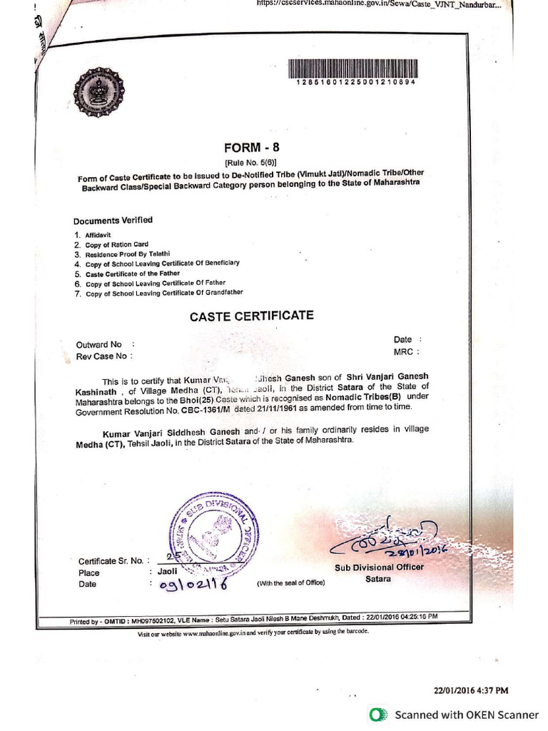 Caste Certificate Og 1 Compressed | PDF