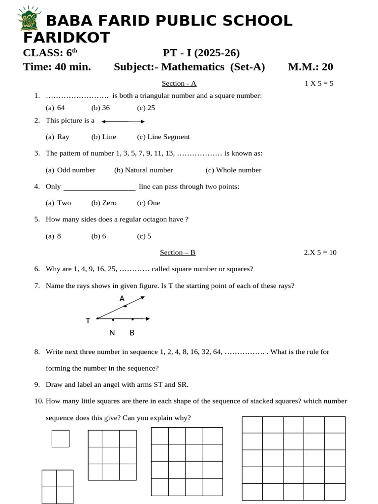 Class 6 Mathematics PT-I Exam 2025-26 | PDF