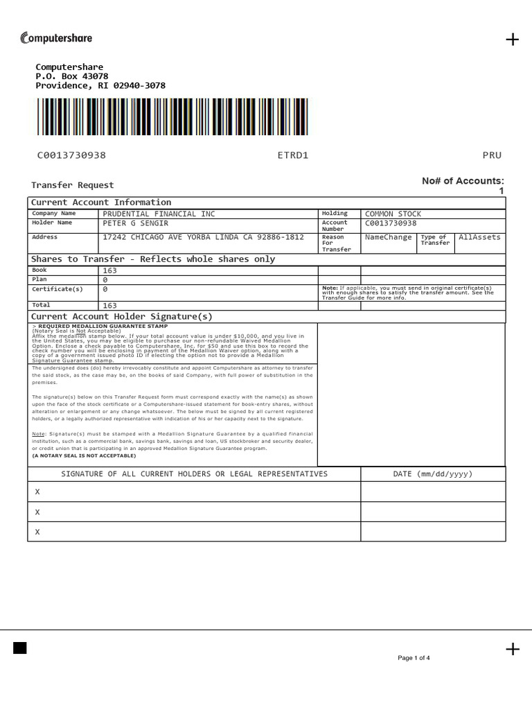 Prudential Stock Transfer Request Form | PDF | Identity Document | Taxes