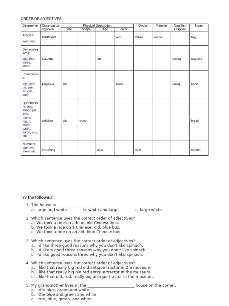 Order of Adjectives | PDF