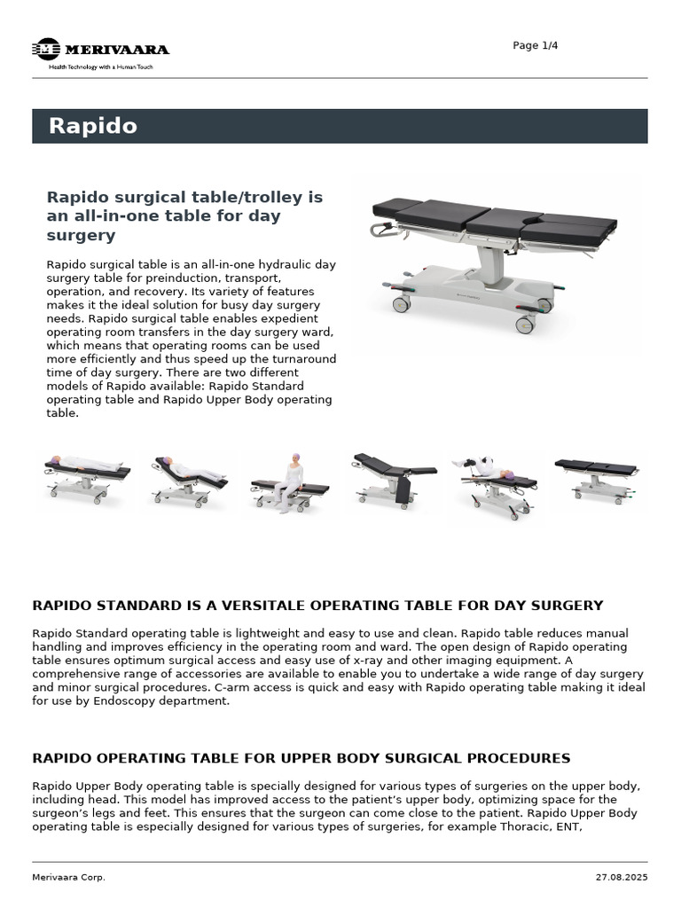 Rapido Surgical Table Overview | PDF | Surgery
