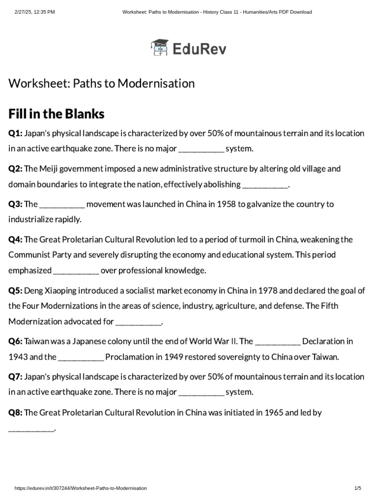 Paths to Modernisation Worksheet | PDF | China | World Politics