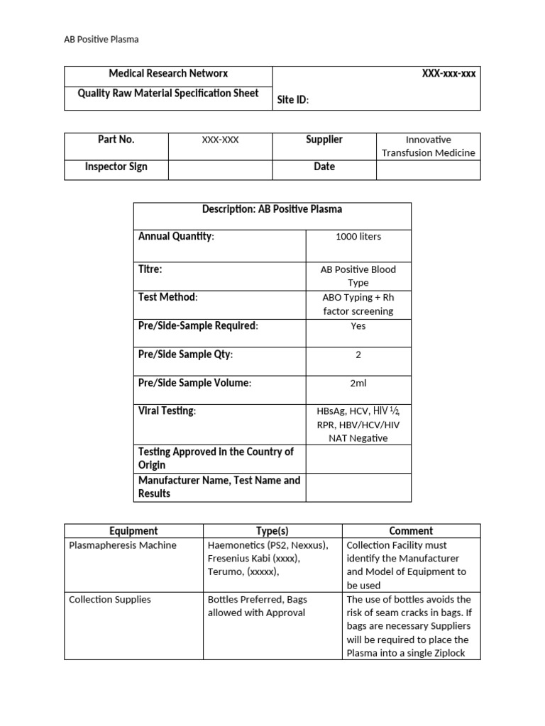 AB Positive Plasma Specification Sheet | PDF | Blood Donation | Blood Type
