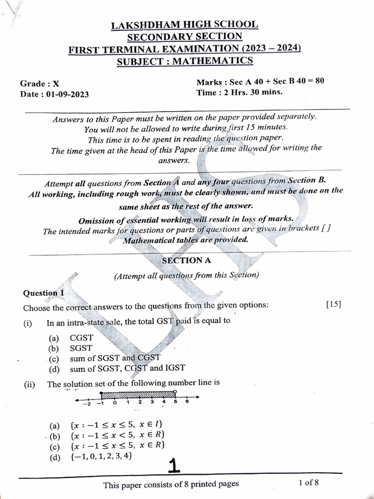 LHS Maths Paper Term1 | PDF