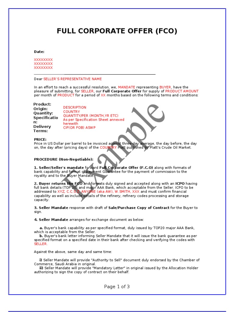 Full Corporate Offer (FCO) Template | PDF | Letter Of Credit | Private Law