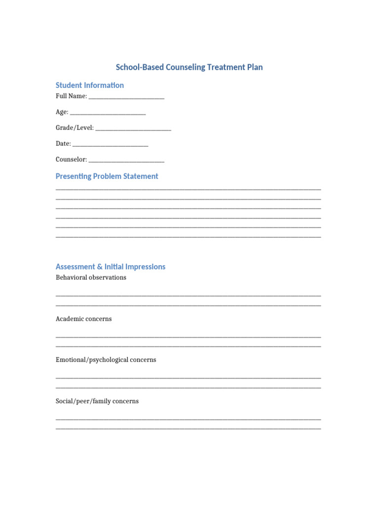 School Counseling Treatment Plan Template | PDF | Psychotherapy ...