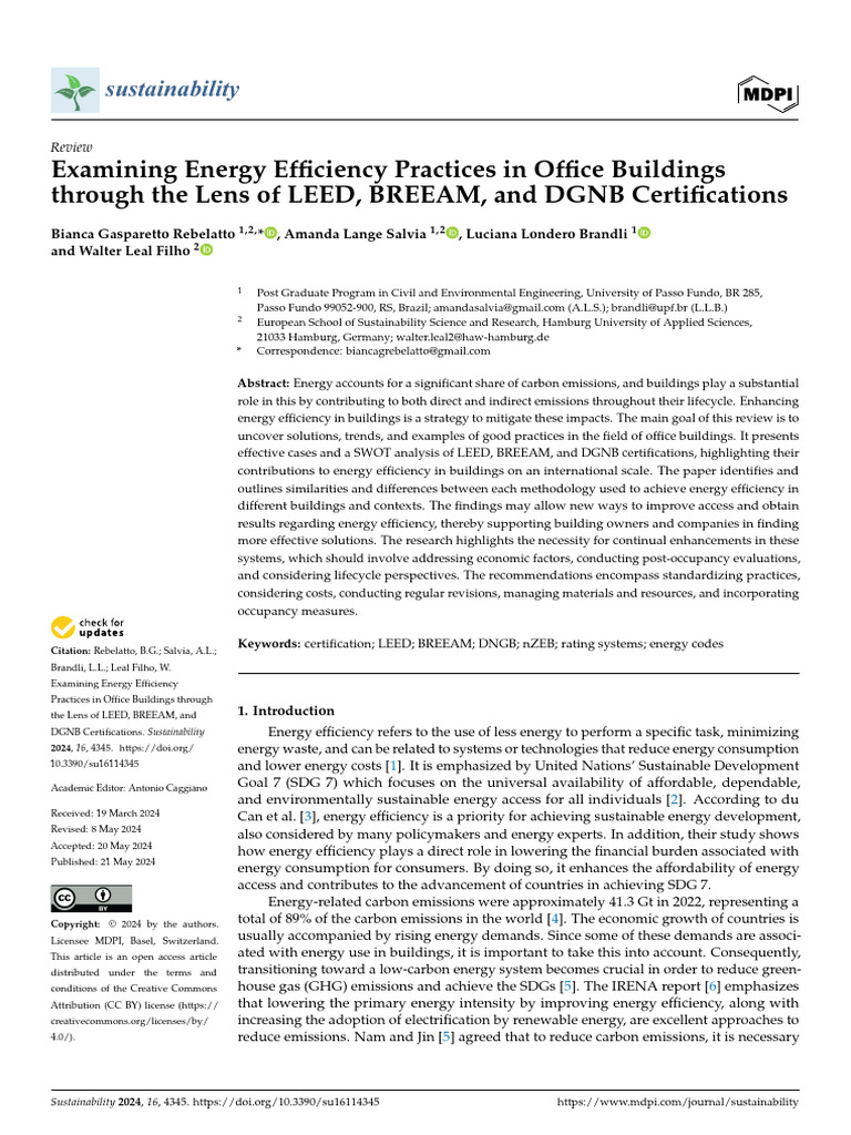 Energy Efficiency in Office Buildings: LEED, BREEAM, DGNB | PDF | Green ...
