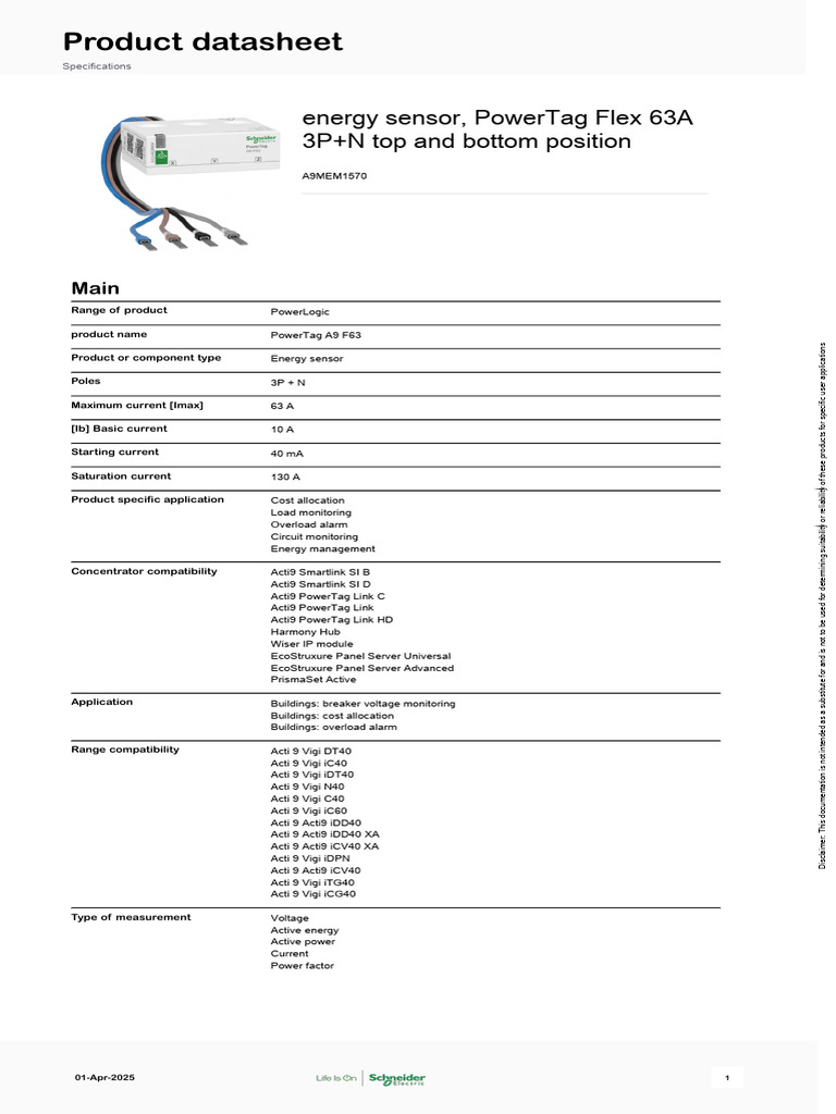 PowerTag Flex 63A Energy Sensor Specs | PDF | Alternating Current ...