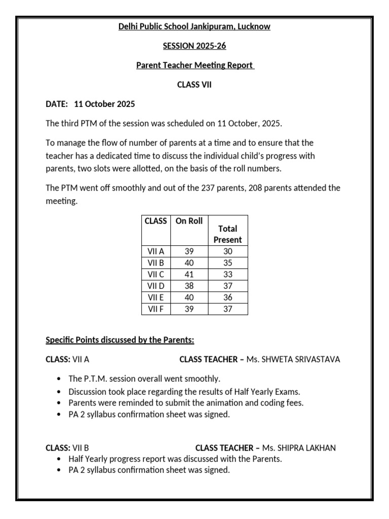 Delhi Public School VII PTM Report 2025 | PDF | Learning | Behavioural ...