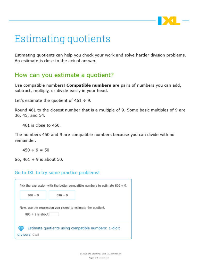 Estimating Quotients with Compatible Numbers | PDF | Arithmetic ...