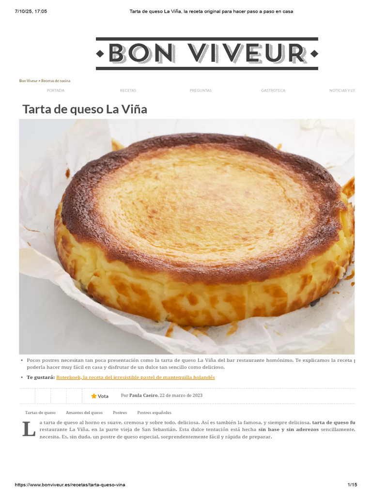 Receta de Tarta de Queso La Viña | PDF | Tarta de queso | Postres