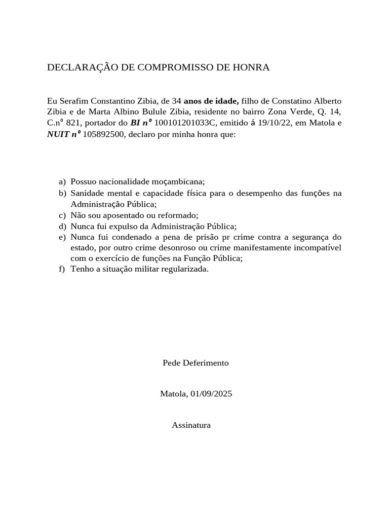 Declaração de Compromisso de Honra | PDF