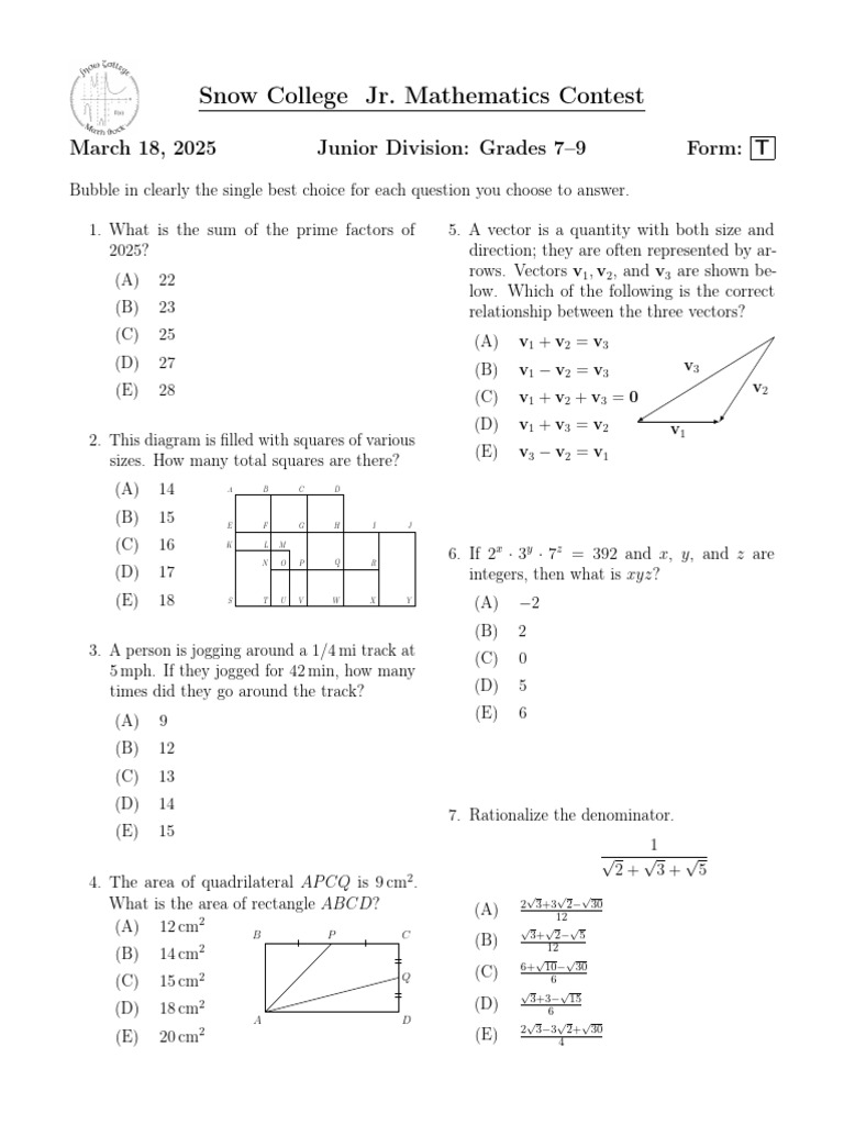 Snow College Math Contest 2025 Junior Division | PDF | Rectangle | Area