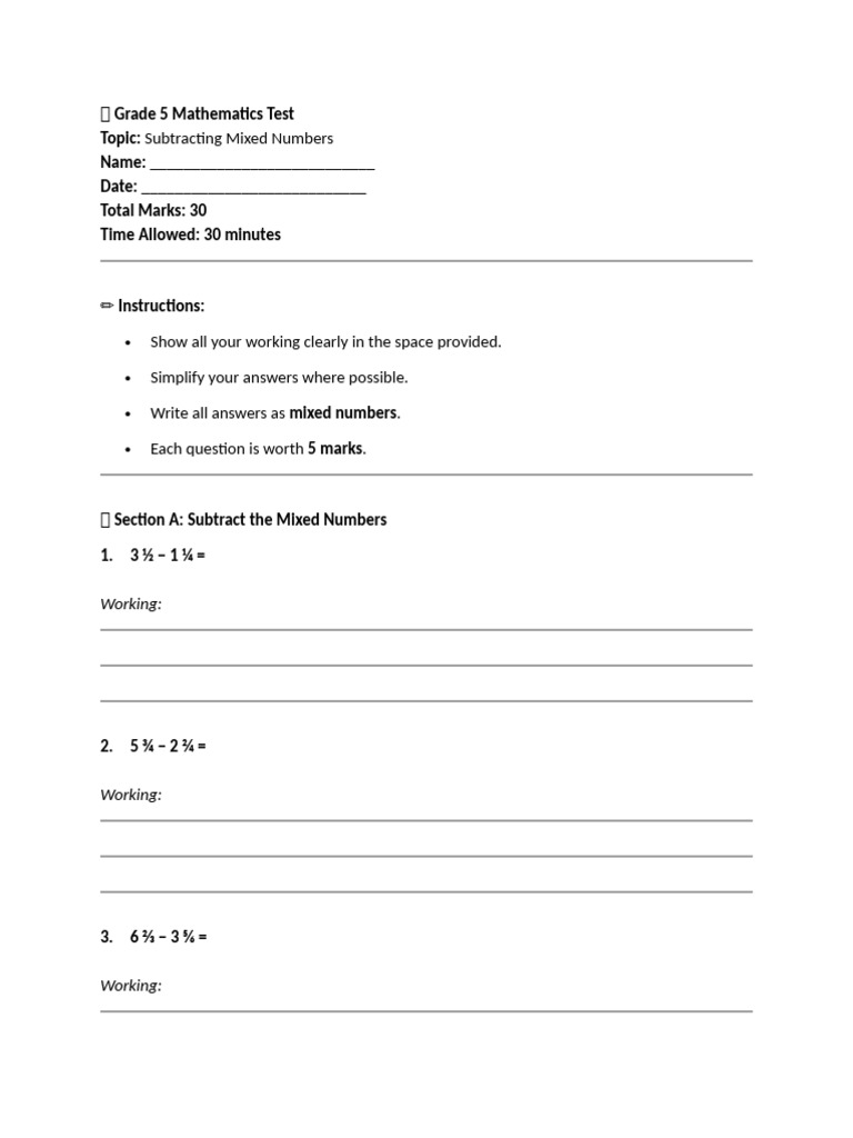 Grade 5 Mixed Numbers Subtraction Test | PDF