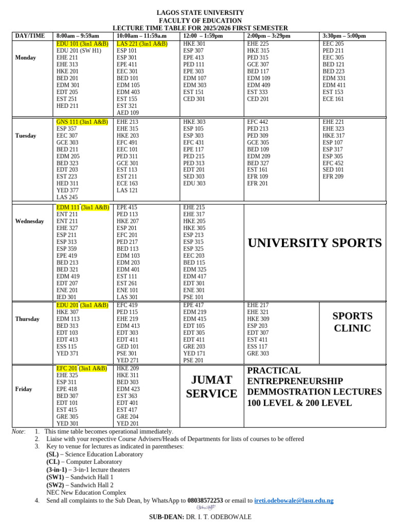 Education 2025 2026 First Semester Lecture Time Table | PDF