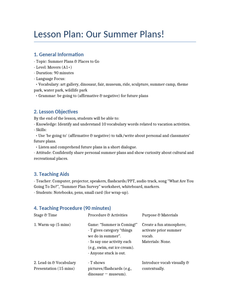 Summer Plans Lesson Plan for Movers | PDF | Vocabulary | Learning