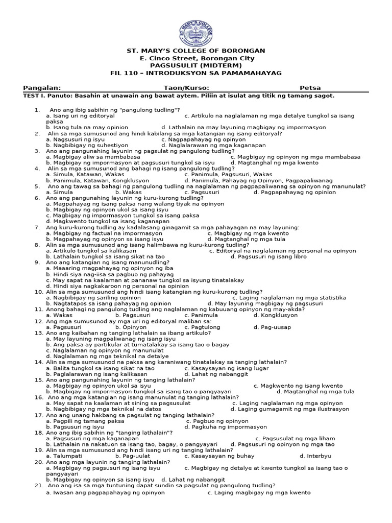 2nd Sem Midterm Exam - Fil 110 | PDF