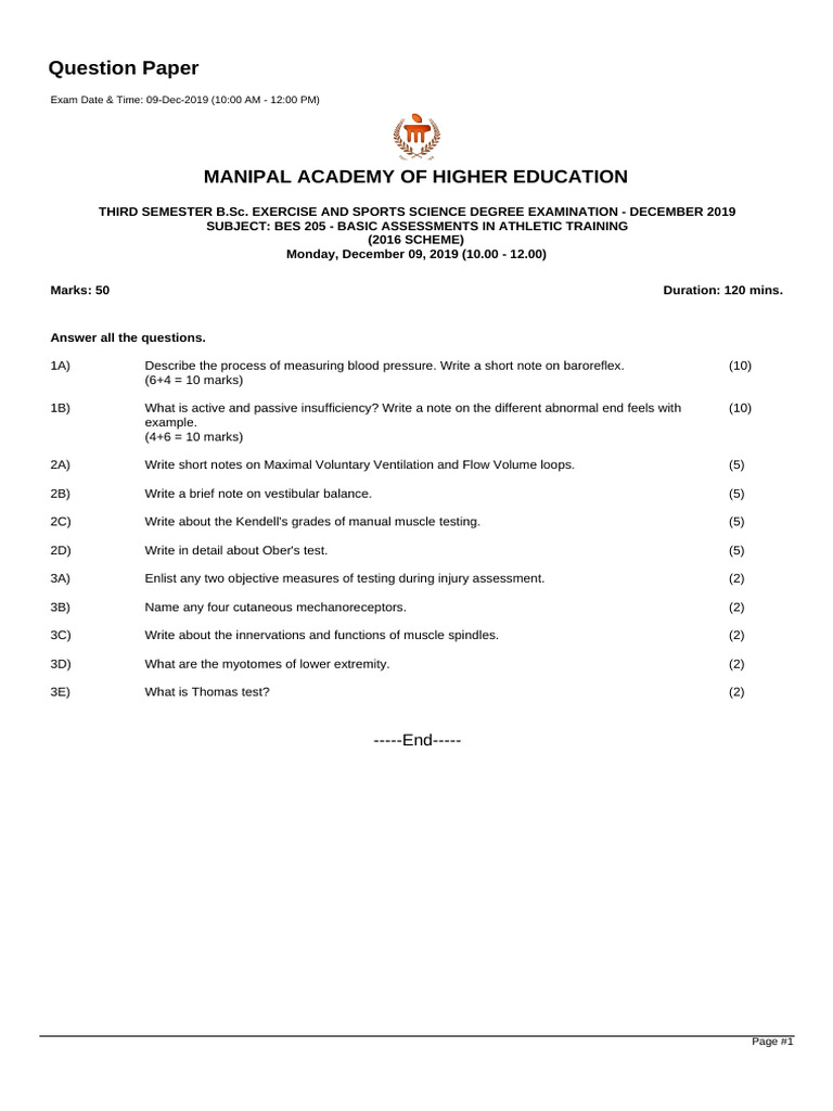 B.Sc. Athletic Training Exam Questions | PDF