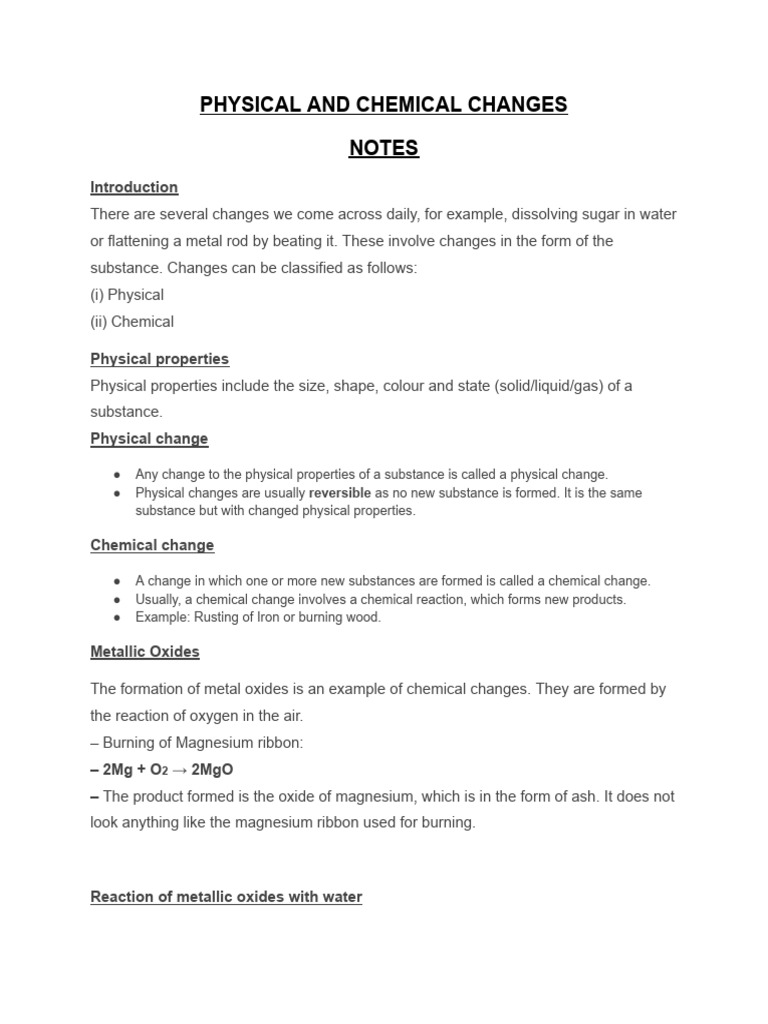 Physical and Chemical Changes Notes PDF | PDF | Rust | Sodium Bicarbonate