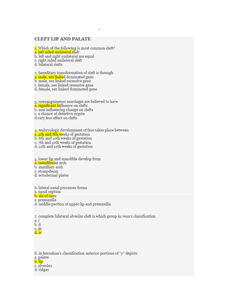 Cleft Lip and Palate: Key Insights and MCQs | PDF | Medical Specialties ...