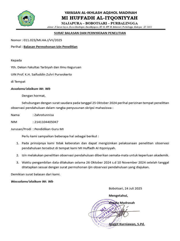 Surat Balasan Dan Pernyataan Penelitian | PDF