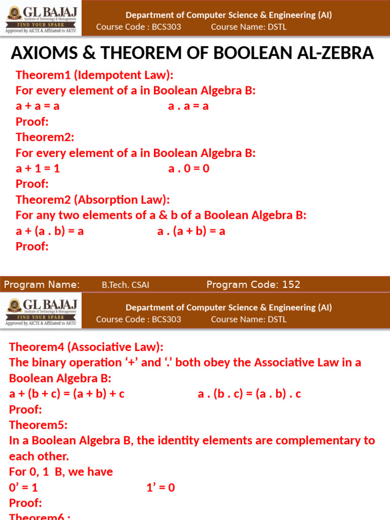 DSTL PPT BCS 303 Unit 2 4 | PDF | Boolean Algebra | Teaching Mathematics