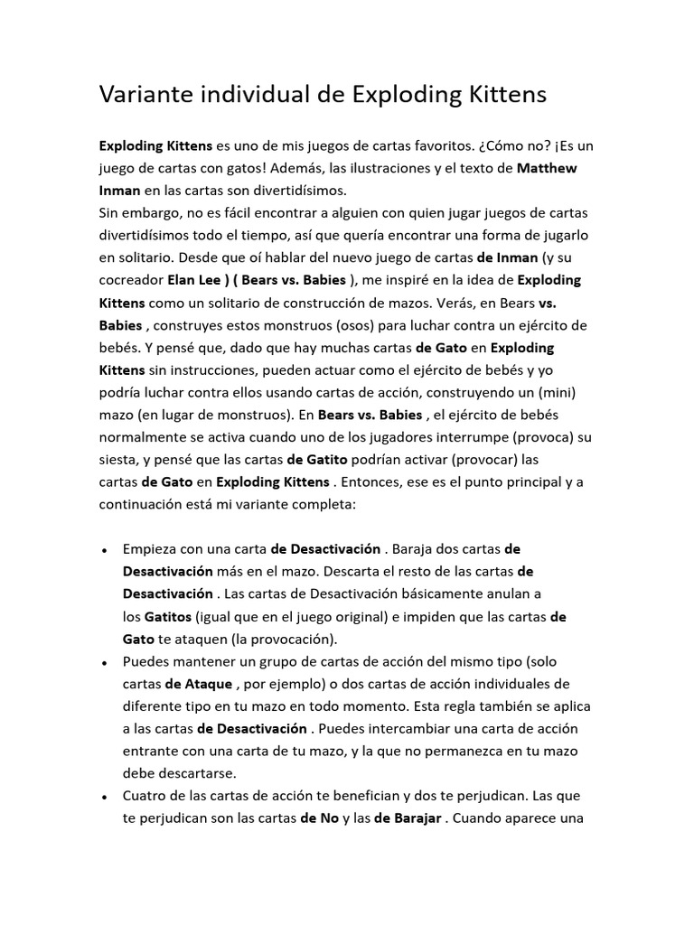 Variante solitaria de Exploding Kittens | PDF | Jugando a las cartas ...