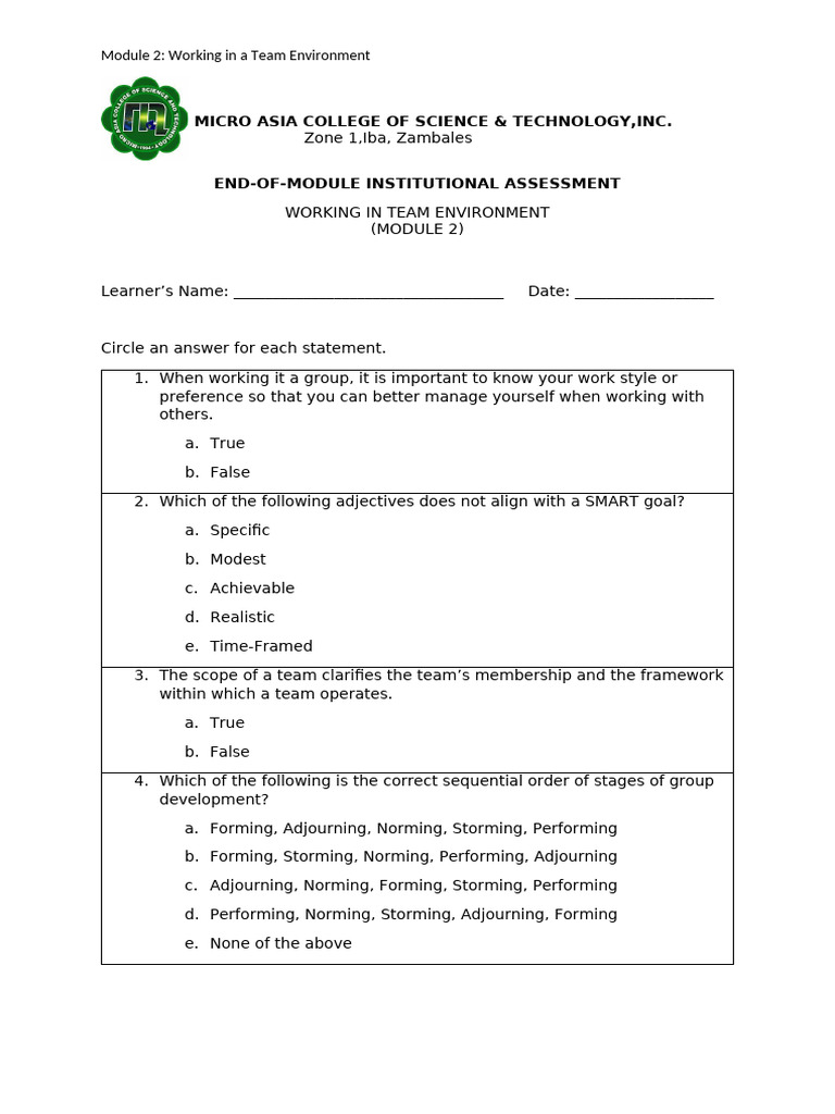 Teamwork Skills Assessment Module | PDF