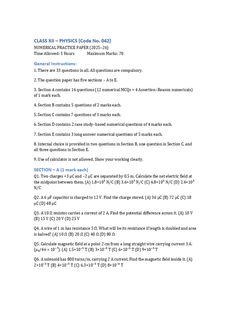 Class 12 Physics Numerical Practice Paper | PDF | Inductor | Capacitor