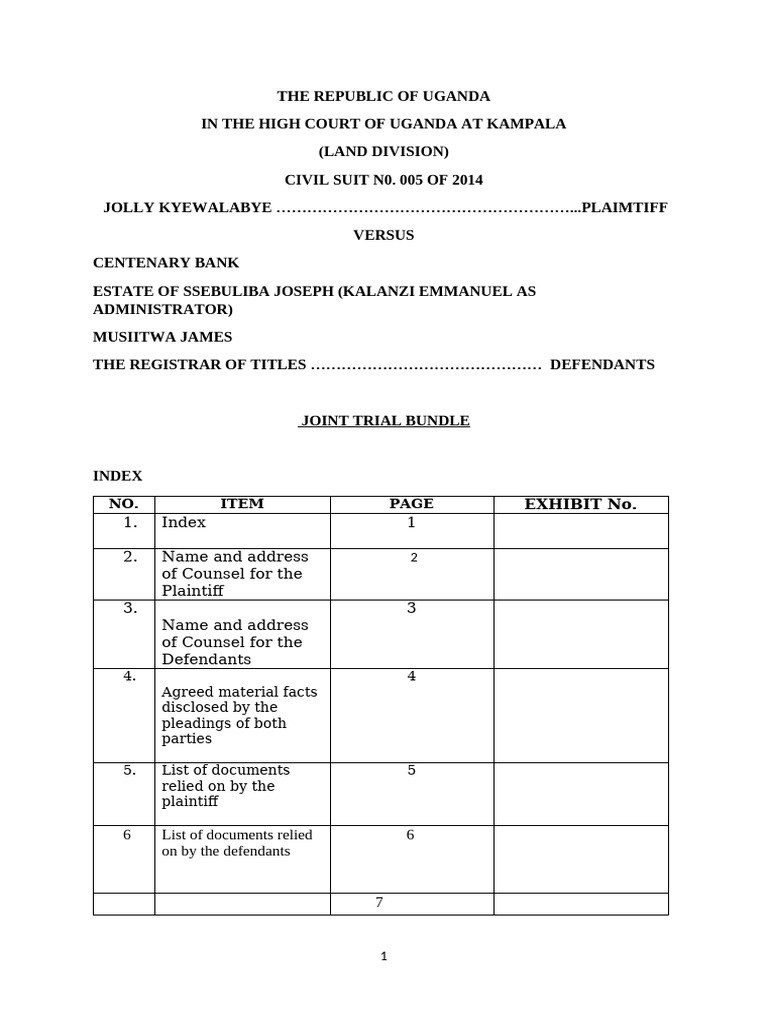 Joint Trial Bundle for Civil Suit 005/2014 | PDF