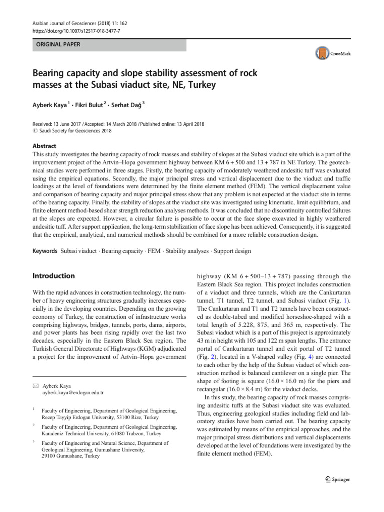 Bearing Capacity and Slope Stability Assessment of Rock Masses at The ...
