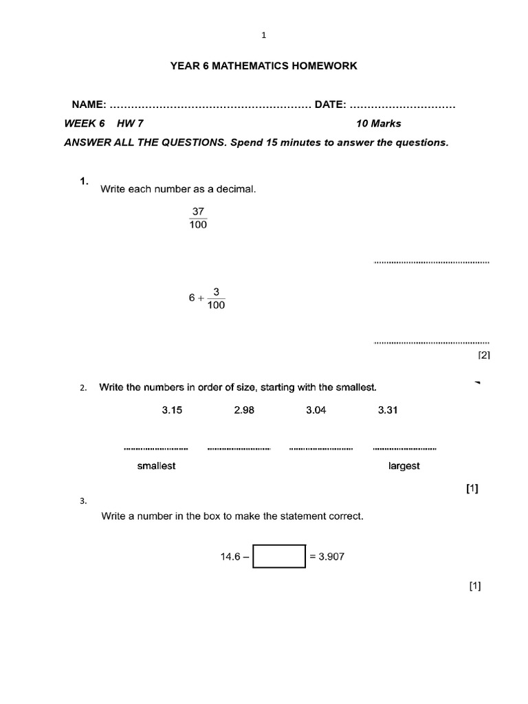 Year 6 Math Homework Worksheet | PDF