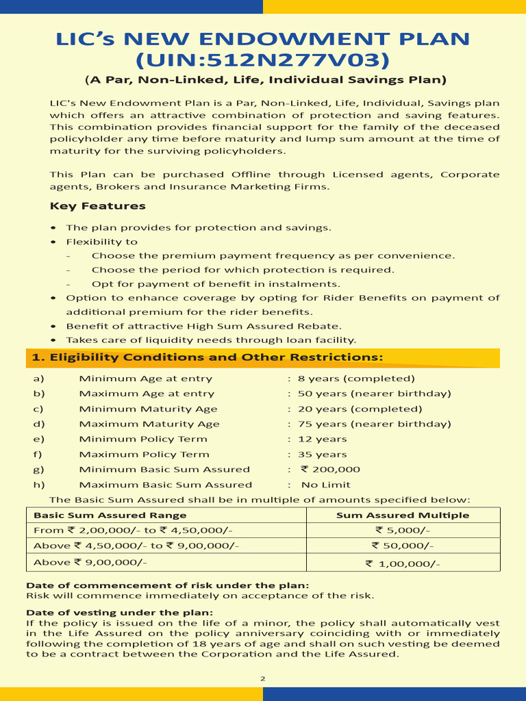 LIC New Endowment Plan Overview | PDF | Insurance | Life Insurance