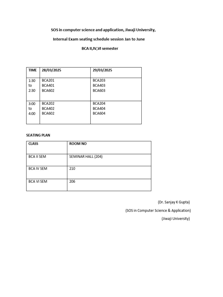 BCA Internal Exam Schedule 2025 | PDF