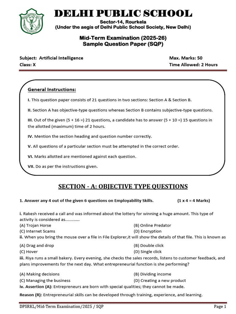 AI Mid-Term Exam Sample Paper 2025 | PDF | Artificial Intelligence ...