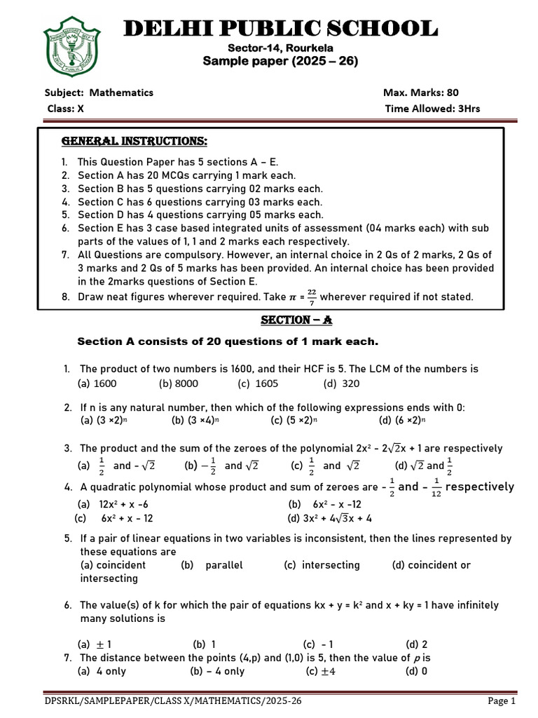 Class X Mathematics Sample Paper 2025-26 | PDF | Blood Type | Circle