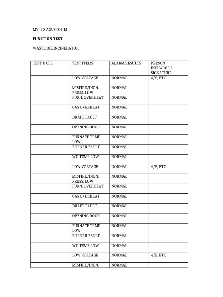 Waste Oil Incinerator Function Test Final | PDF
