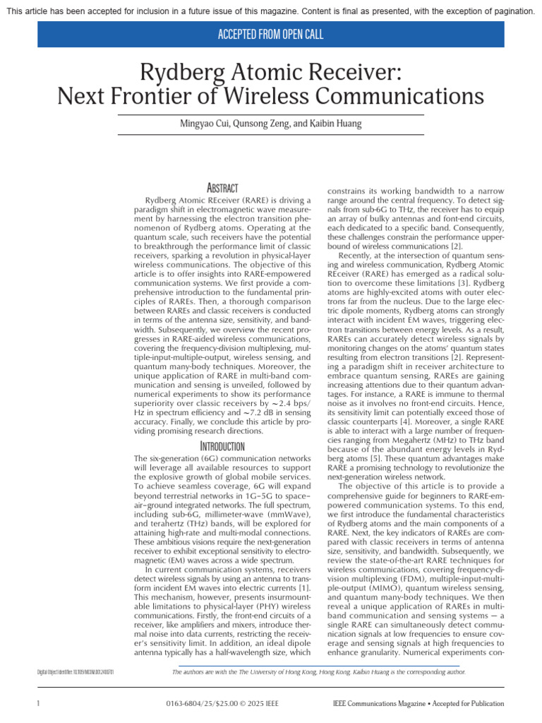 Rydberg Atomic Receiver in Wireless Tech | PDF | Atoms | Hertz
