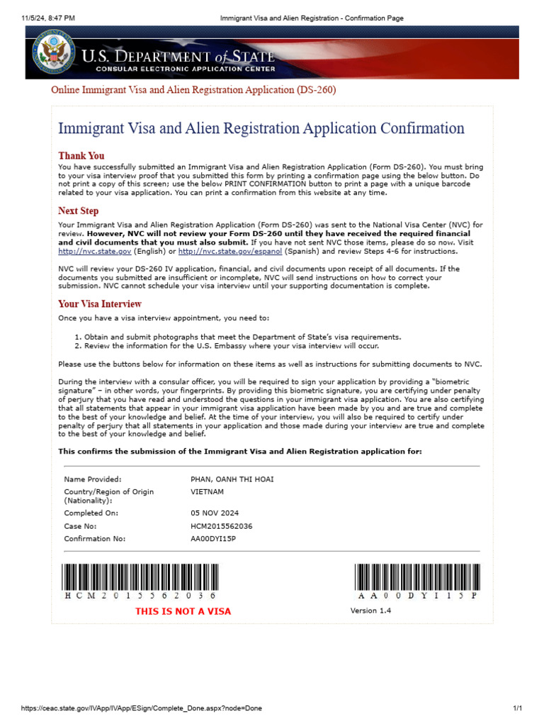 DS-260 Immigrant Visa Application Confirmation | PDF | Travel Visa ...