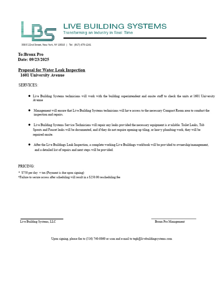 Leak Inspection Proposal - 1601 University Avenue | PDF