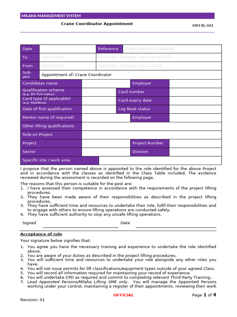 Crane Coordinator Appointment Form | PDF | Crane (Machine) | Mentorship