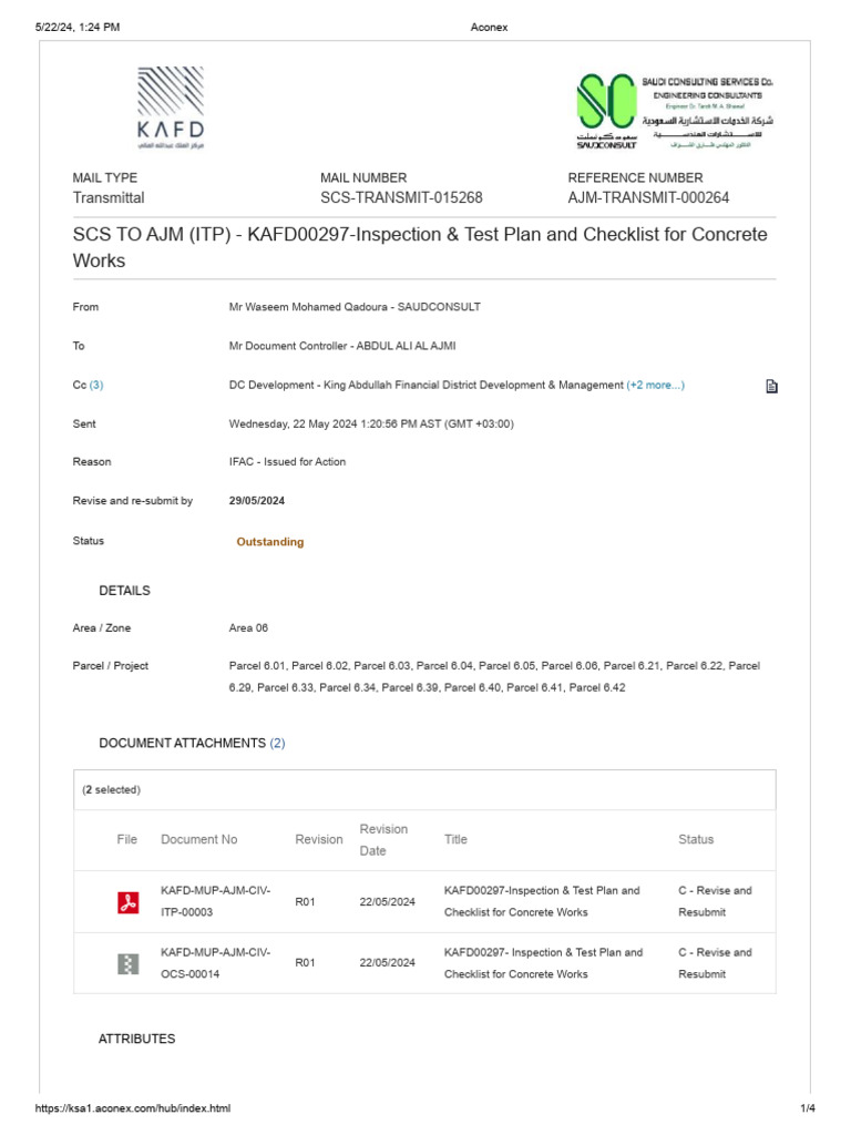 KAFD00297 Concrete Works ITP Checklist | PDF | Specification (Technical ...
