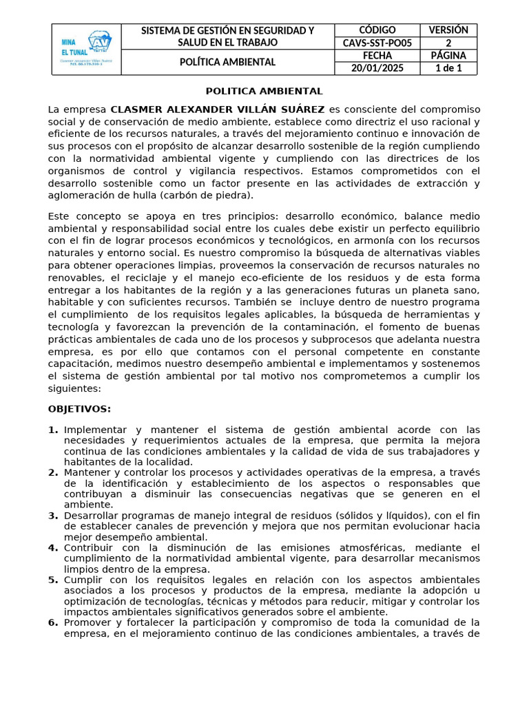 Política Ambiental | PDF | Política de medio ambiente | Sustentabilidad
