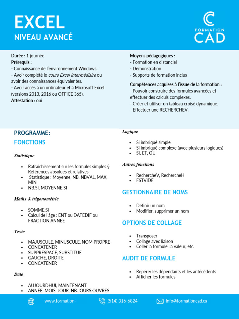 Formation Excel Avancé : Fonctions & TCD | PDF | Microsoft Excel | Logiciel