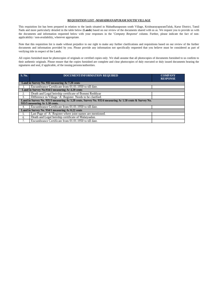 Mahadhanapuram Land Requisition List | PDF