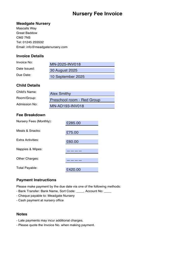 Meadgate Nursery Fee Invoice 2025 | PDF