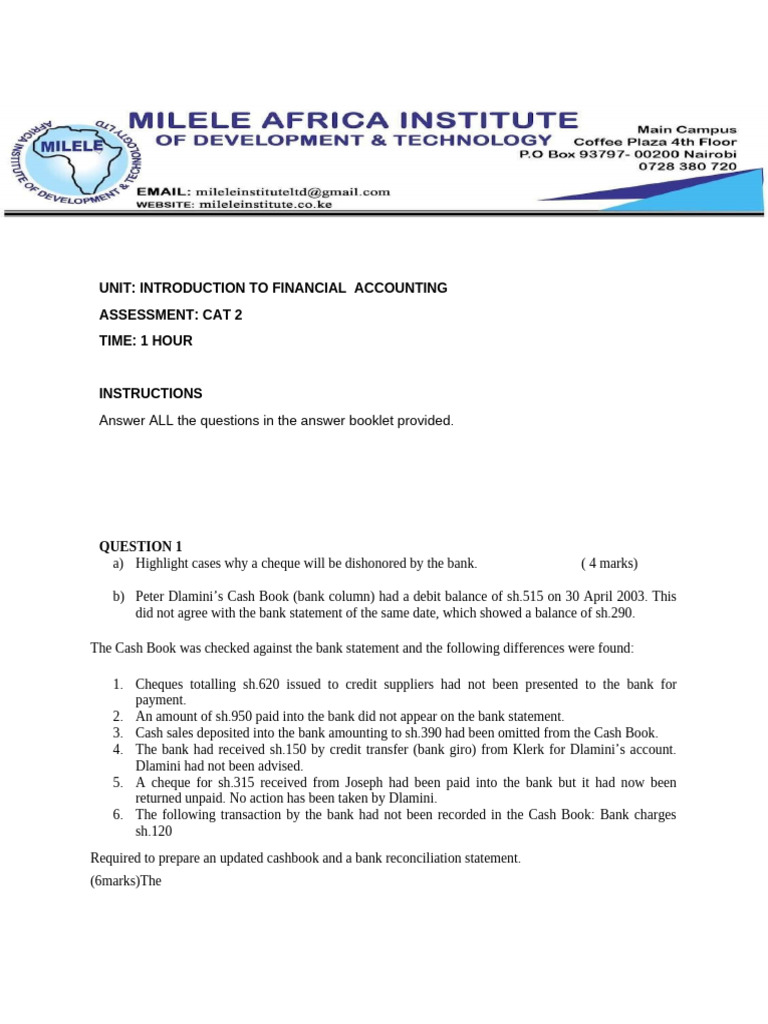 Financial Accounting Assessment Guide | PDF | Cheque | Banks