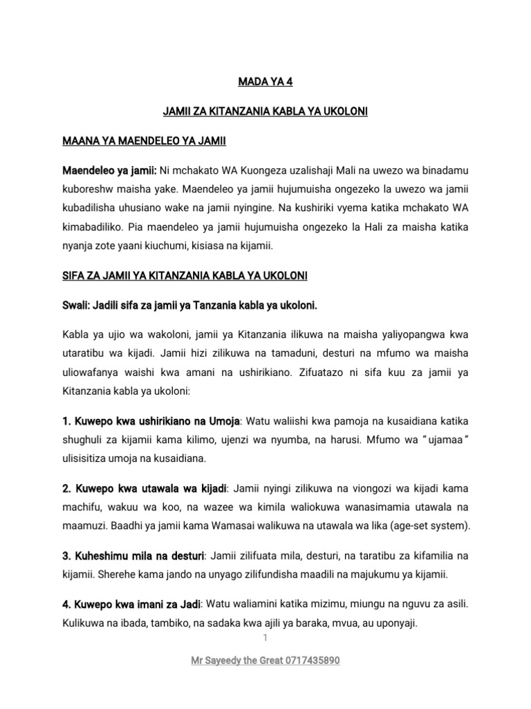 4.0 Jamii Za Kitanzania Kabla Ya Ukoloni by MR Said The Great | PDF