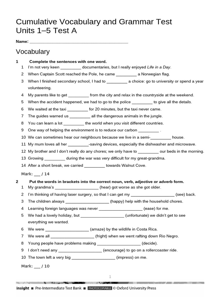 Vocabulary and Grammar Test Units 1-5 | PDF | Syntax | Grammar